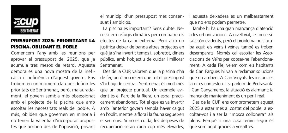 📢 Llegeix l’opinió de la CUP Sentmenat al darrer butlletí municipal! 📰 Parlem del pressupost 2025, les seves prioritats i el que realment necessita el poble. No t’ho perdis! 🔍💬 #Sentmenat #Pressupost2025 #CUPSentmenat