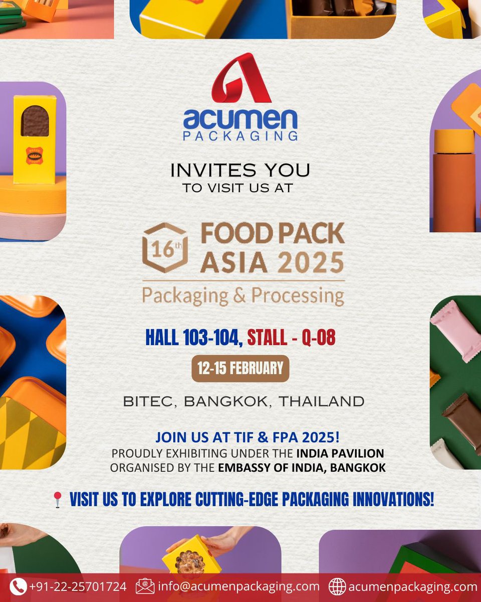 🌟 Join ACUMEN PACKAGING at Food Pack Asia 2025! 🌟

📍 Location: BITEC, Bangkok, Thailand
🏢 Hall: 103-104, Stall: Q-08
📅 Dates: 12–15 February 2025

We look forward to seeing you there! 🚀

#acumen #food #exhibition #packaging #thailand #bangkok #bangkokthailand #pack