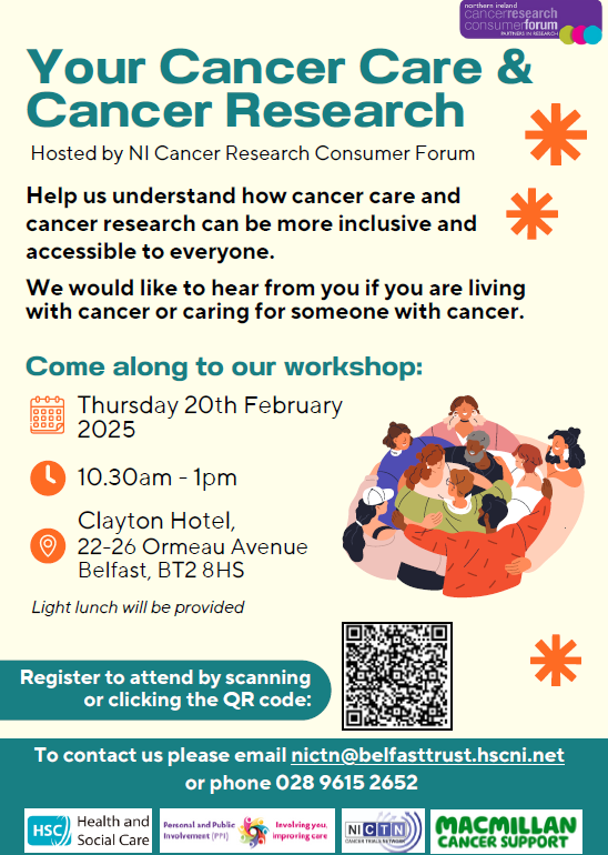 NI Cancer Trials (@nicancertrials) on Twitter photo 📢Workshop: Your Cancer Care & Cancer Research! Help us make cancer care and research more inclusive and accessible! Your voice matters!
Clayton Hotel, Belfast, 20 Feb 2025
Registration forms.office.com/e/VQgm5kVjWi
<a href="/BelfastTrust/">Belfast Trust</a> <a href="/WesternHSCTrust/">Western Trust</a> <a href="/NHSCTrust/">Northern Trust</a> <a href="/setrust/">South Eastern Trust</a> <a href="/SouthernHSCT/">Southern Trust</a> 📢Workshop: Your Cancer Care & Cancer Research! Help us make cancer care and research more inclusive and accessible! Your voice matters!
Clayton Hotel, Belfast, 20 Feb 2025
Registration forms.office.com/e/VQgm5kVjWi
<a href="/BelfastTrust/">Belfast Trust</a> <a href="/WesternHSCTrust/">Western Trust</a> <a href="/NHSCTrust/">Northern Trust</a> <a href="/setrust/">South Eastern Trust</a> <a href="/SouthernHSCT/">Southern Trust</a>