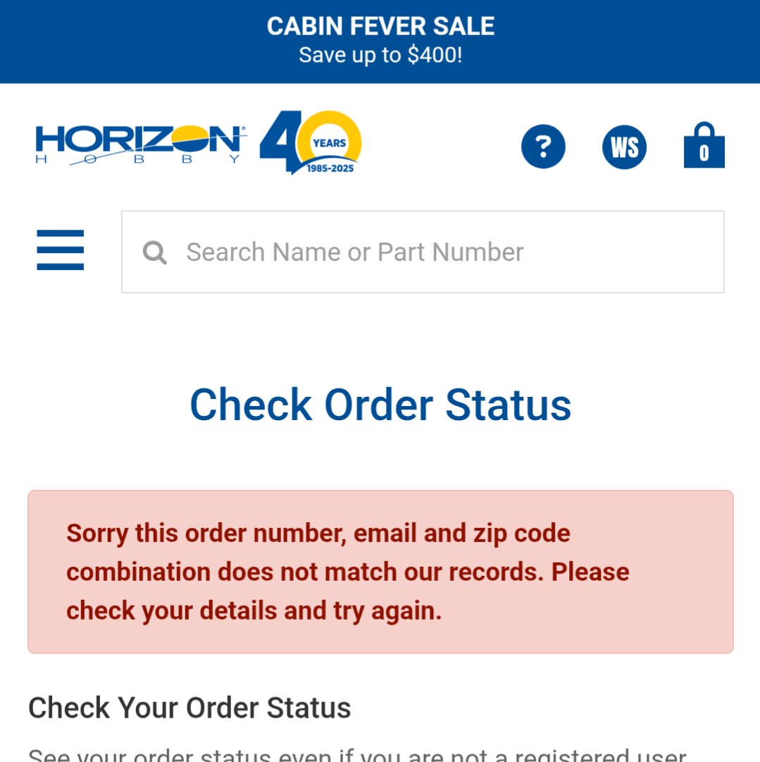 Weese12's tweet photo. @Horizon_Hobby 

Hey Horizon. I placed an order over a week ago for a single in stock item. The shipping said up to 6 days. 

I have been checking my order status and it's not updating. When using the order status form it also shows invalid order number. 

What is going on? https://t.co/S2x7shucbT