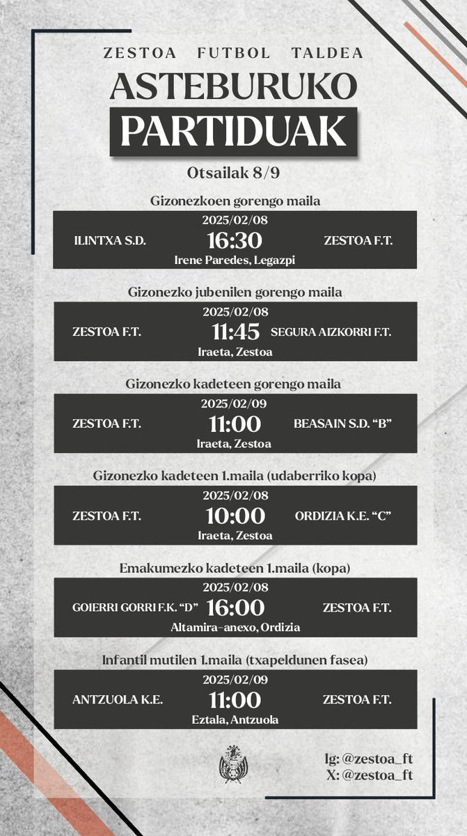 Hona hemen gure taldeek asteburuan izango dituzten partidak.