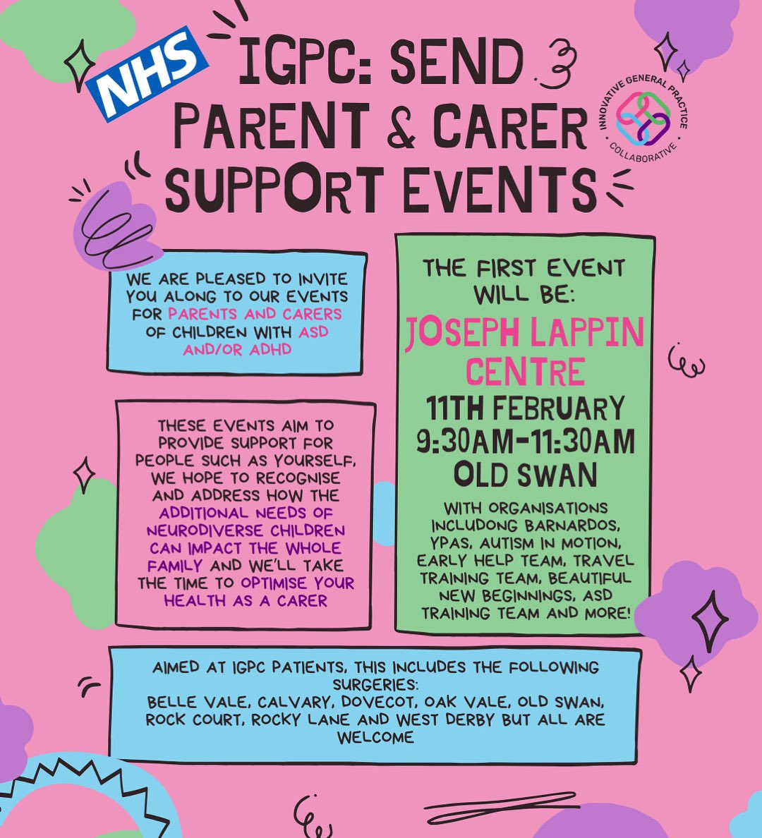 The first Parent and Carer event is just around the corner! Come along and meet some of the amazing organisations we are working with! #igpcpcn