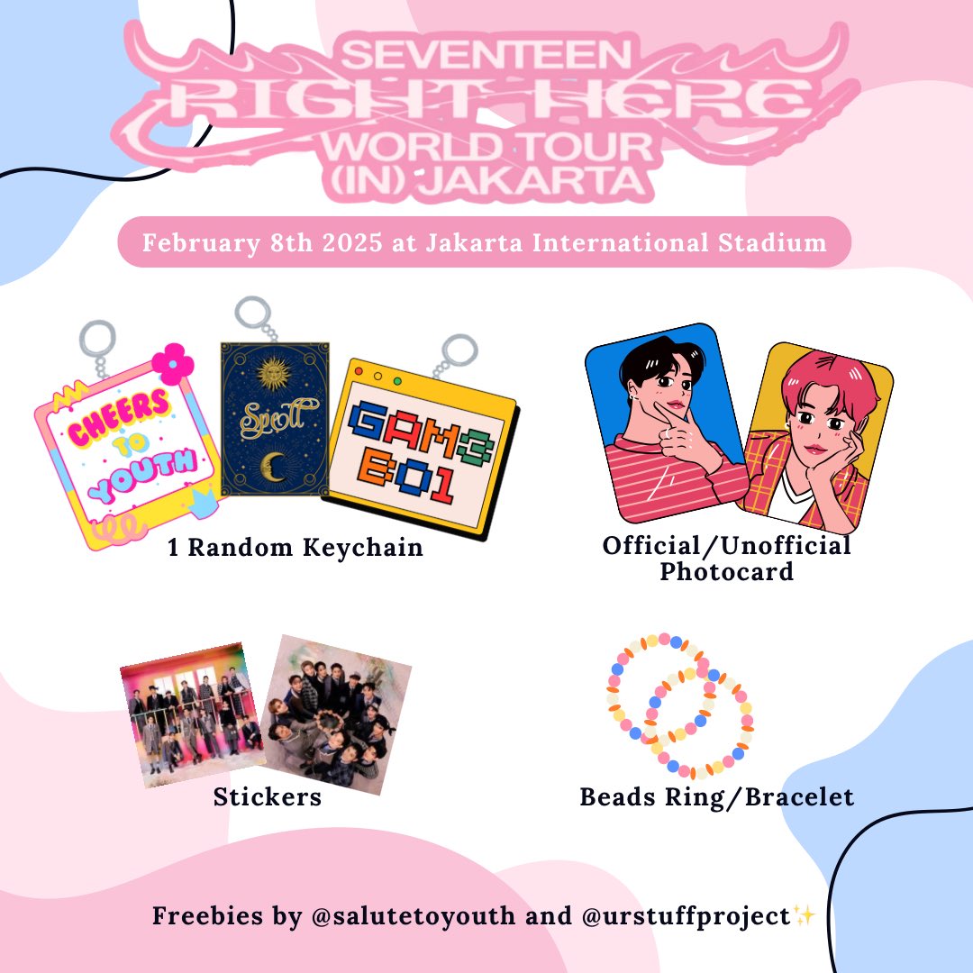 salutetoyouth's tweet image. ₊✩‧ Seventeen Right Here in Jakarta ₊✩‧
Freebies by @salutetotouth and @urstuffproject✨

🗓️: February 8th 2025
📍: Jakarta International Stadium
⏰: Tba

• say ‘hi’ nicely
• limited qty, first come first get
• don’t sell or throw away
• tag us if you get the freebies✨