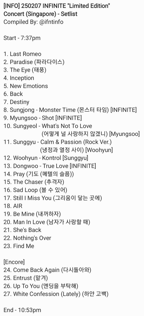 ifntinfo's tweet photo. [INFO] 250207 INFINITE "Limited Edition" Concert (Singapore) - Setlist

#인피니트 https://t.co/WDv8rbqQud