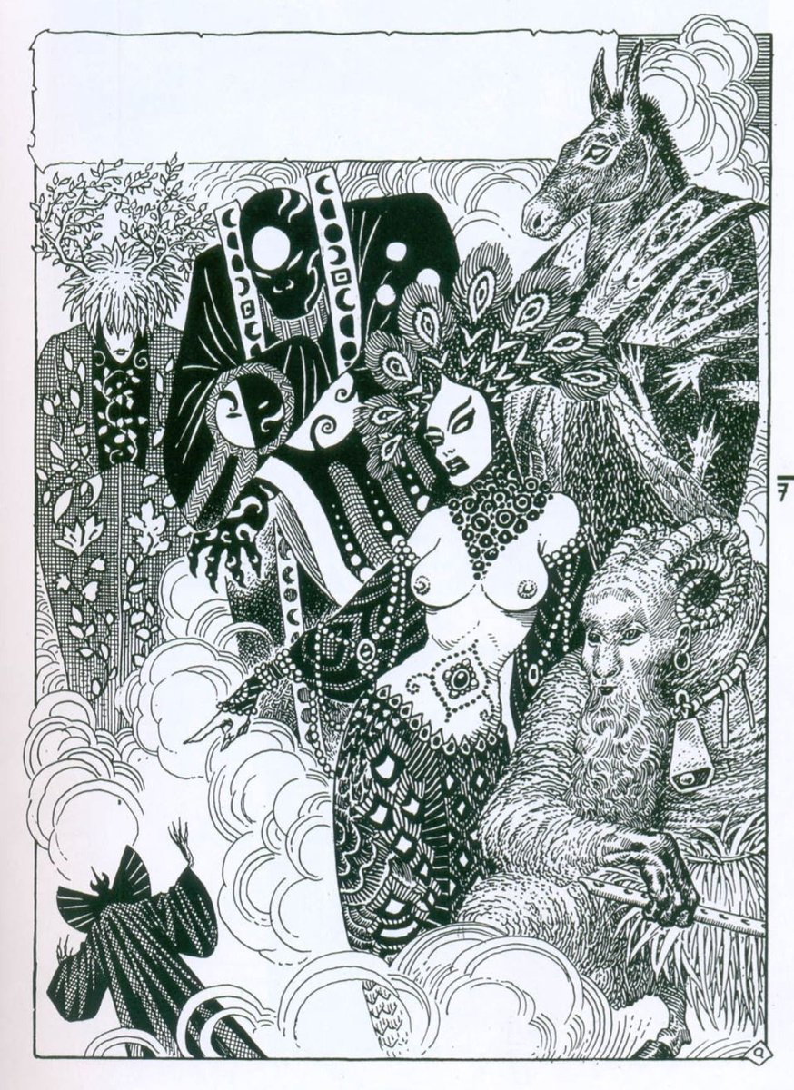 A pantheon inspired by this Alcatena illustration:
Werdagda, rising and dying lord of growing things
Ulumé, lord of the cyles of the Heavens and Fate
Onorgul, Judge of the Dead
Tlasheeng Pavonina, Lady of Beauty and Vanity
Yhernun, Horned lord of beasts