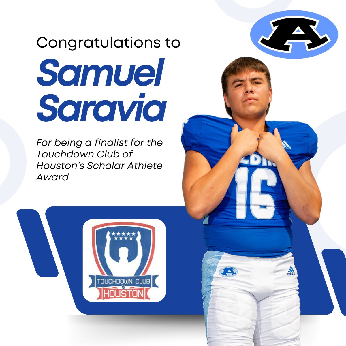 Aldine Mustangs Football (@aldinemustangs) on Twitter photo We want to give a HUGE shoutout to <a href="/SamuelSaravia87/">Samuel Saravia</a> for being named a finalist for the <a href="/HoustonTDClub/">Houston TD Club</a> Scholar Athlete Award! Such a high honor for a great person, student, and athlete! We want to give a HUGE shoutout to <a href="/SamuelSaravia87/">Samuel Saravia</a> for being named a finalist for the <a href="/HoustonTDClub/">Houston TD Club</a> Scholar Athlete Award! Such a high honor for a great person, student, and athlete!