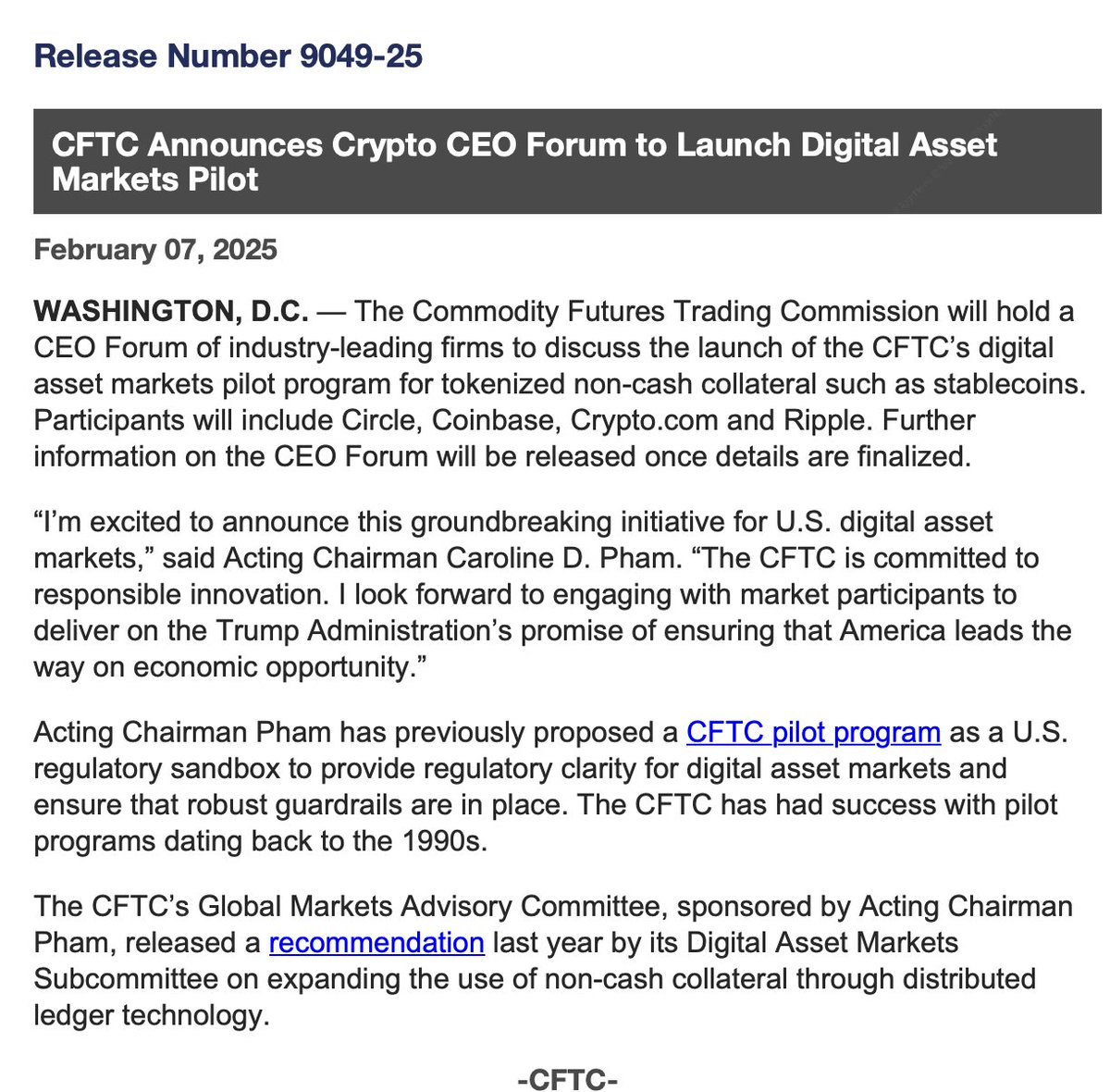 CFTC ANNOUNCES CRYPTO CEO FORUM TO LAUNCH DIGITAL ASSET MARKETS PILOT  PROGRAM PARTICIPANTS WILL INCLUDE CIRCLE, COINBASE, https://t.co/SfkkT7qZuo  AND RIPPLE