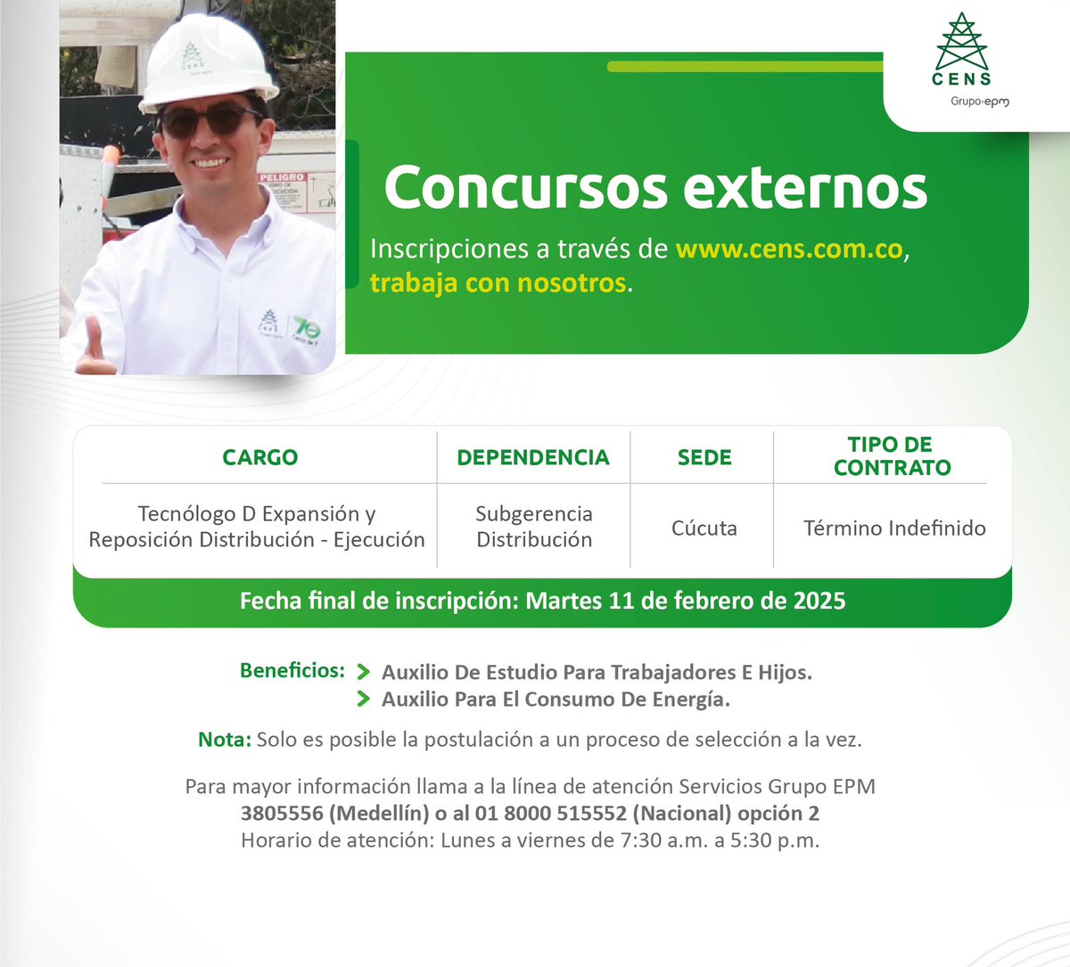 CENSGrupoEPM's tweet photo. #TrabajaConCENS ¡Tu próxima gran oportunidad está aquí! 🚀

👩🏼‍💼👷🏼‍♂️Estamos buscando talentos apasionados que quieran formar parte de nuestro equipo.

Participa en nuestras convocatorias a través de la sección “Trabaja con Nosotros” de nuestra página web: 🌐 https://t.co/ZdFwoq5hLv https://t.co/6FTOYsW4p5