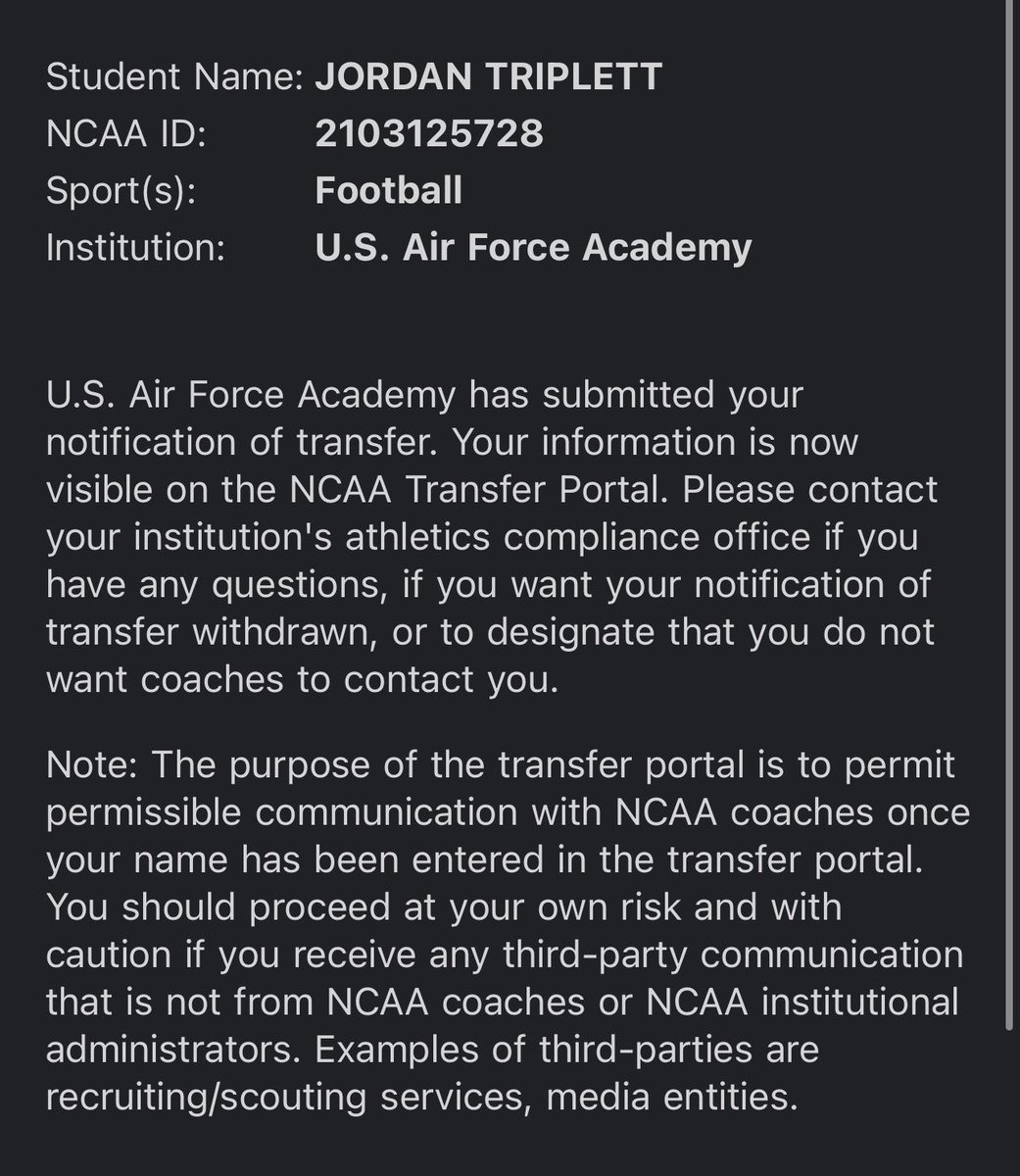 Jordan “The River” Triplett (@jbtriplett4) on Twitter photo I was waiting to make it public until I made things official with my coaching staff. I have been in the transfer portal since December, and am blessed to have the offers I have now. Thank you <a href="/CoachTCalhoun/">Troy Calhoun</a> for the opportunity to attend USAFA. I was waiting to make it public until I made things official with my coaching staff. I have been in the transfer portal since December, and am blessed to have the offers I have now. Thank you <a href="/CoachTCalhoun/">Troy Calhoun</a> for the opportunity to attend USAFA.