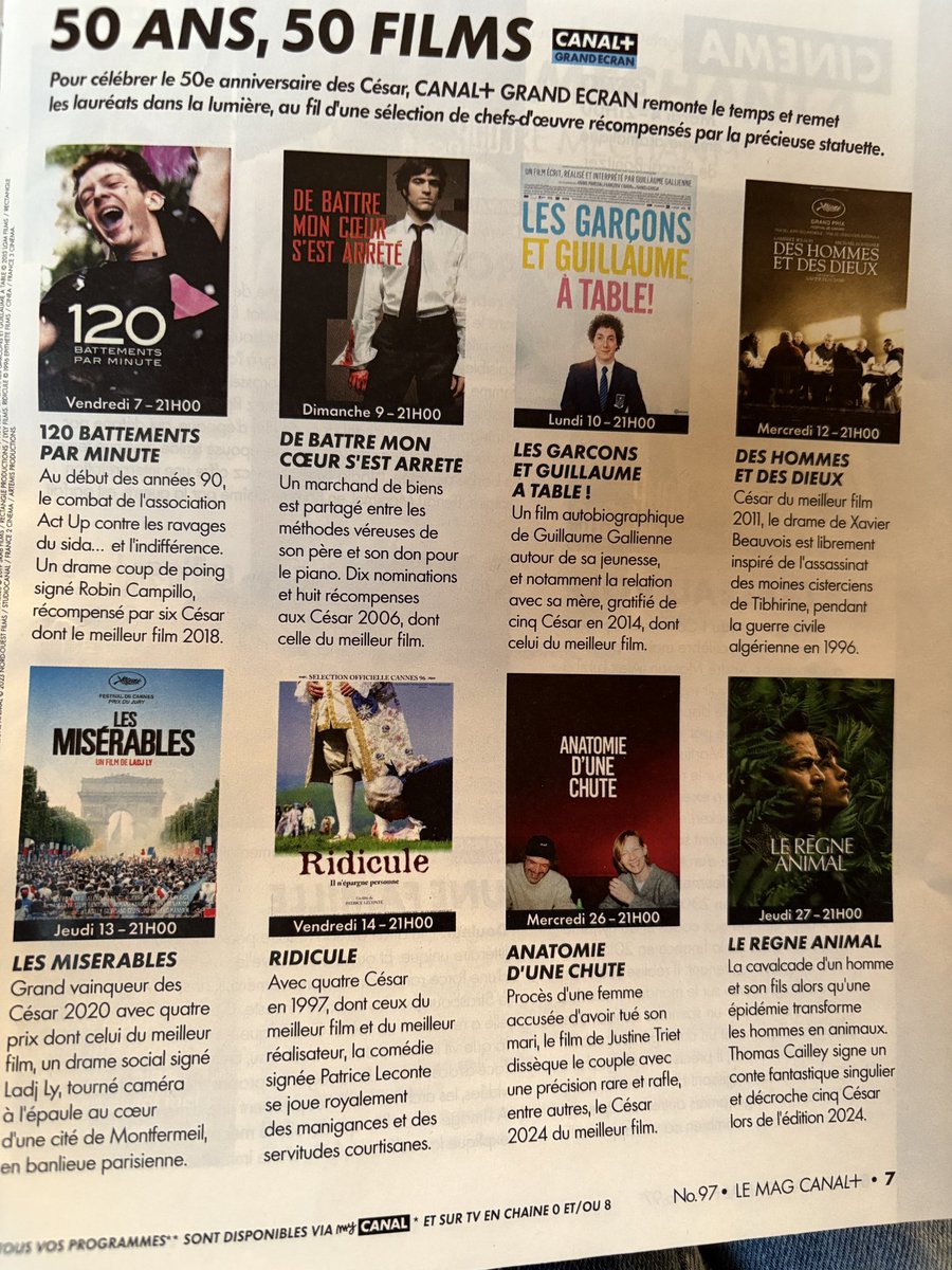 50 ans des César, 50 films sur <a href="/canalplus/">CANAL+</a> Grand Écran !!! <a href="/titilacaze/">thierry lacaze</a> 
Et ce soir,  120 Battements par Minute <a href="/Marieluciani/">Marie Ange Luciani</a> 😀
