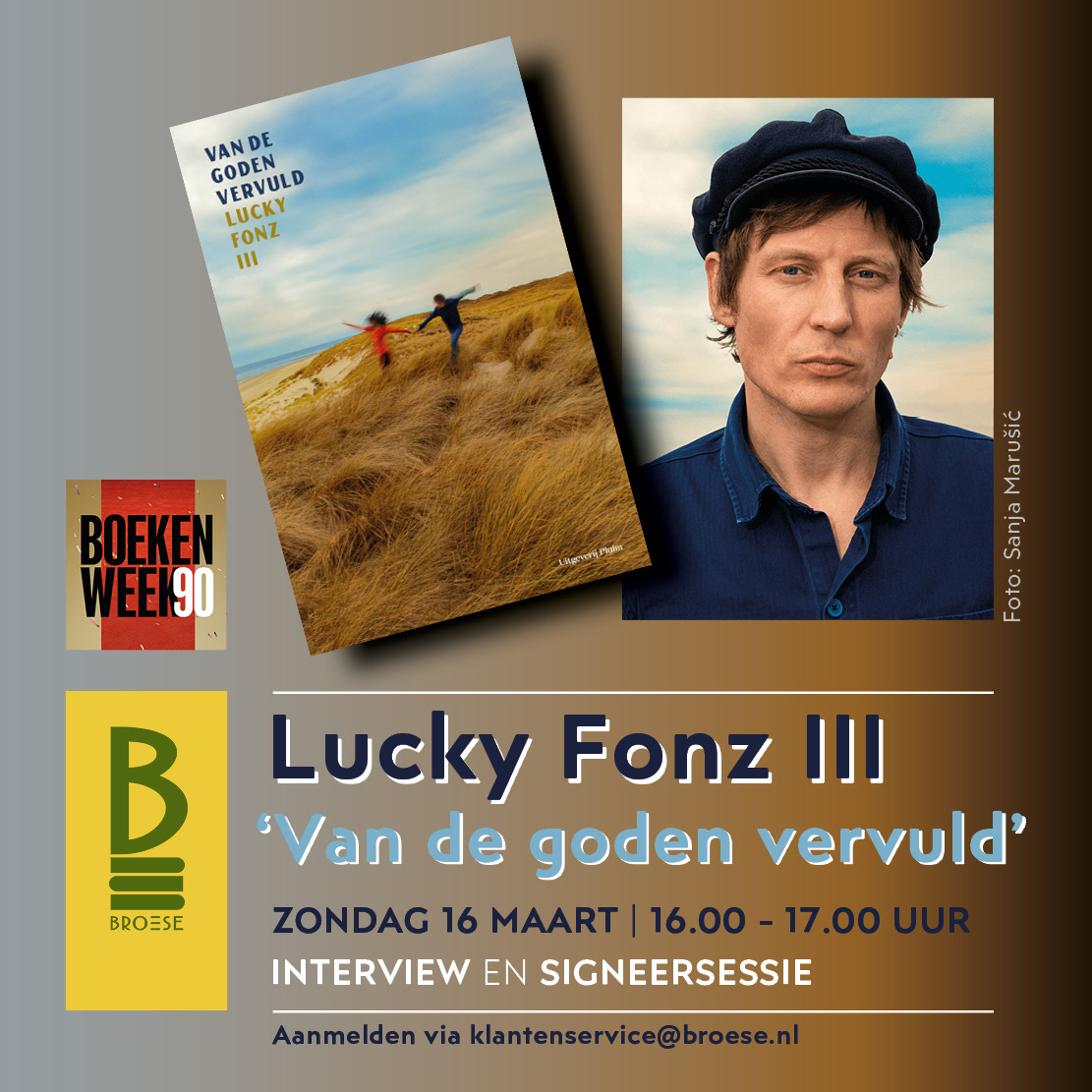 Op zondag 16 maart zal auteur, zanger, tekstdichter, theatermaker en cabaretier Lucky Fonz III tijdens de Boekenweek geïnterviewd worden naar aanleiding van zijn boek ‘Van de goden vervuld’. Wilt u bij het interview aanwezig zijn, meld u aan: broese.nl/agenda/boekenw…