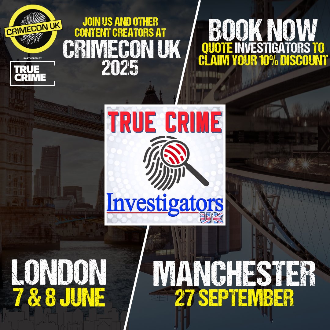 We are delighted to be invited back to #CrimeCon this year

Use our code INVESTIGATORS for your exclusive 10% discount!! 

If you love our podcast, you’ll love this event 👀

#Crime #TCIUK #Podcast #CrimeCon
