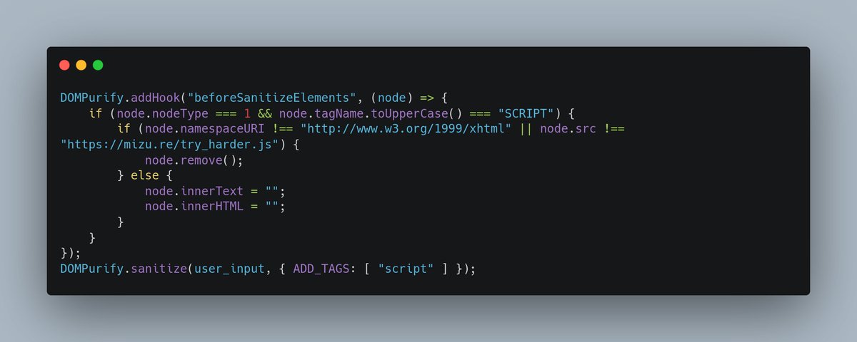 Kévin GERVOT (Mizu) (@kevin_mizu) on Twitter photo Thanks to the recent <a href="/PortSwigger/">PortSwigger</a> top 10, I finally found the motivation to finish writing the 2nd article about DOMPurify security! 😁
Before releasing it, I would like to share a small challenge 🚩
Challenge link 👇
challenges.mizu.re/xss_04.html
1/2 Thanks to the recent <a href="/PortSwigger/">PortSwigger</a> top 10, I finally found the motivation to finish writing the 2nd article about DOMPurify security! 😁
Before releasing it, I would like to share a small challenge 🚩
Challenge link 👇
challenges.mizu.re/xss_04.html
1/2