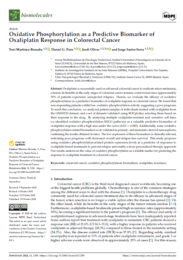 Nou article a #Docusalut: Oxidative Phosphorylation as a Predictive Biomarker of Oxaliplatin Response in Colorectal Cancer hdl.handle.net/20.500.13003/2… <a href="/idisbaib/">IdISBa</a> <a href="/danielponsmiro/">Daniel G Pons Miró</a> #PublicaSalutIB