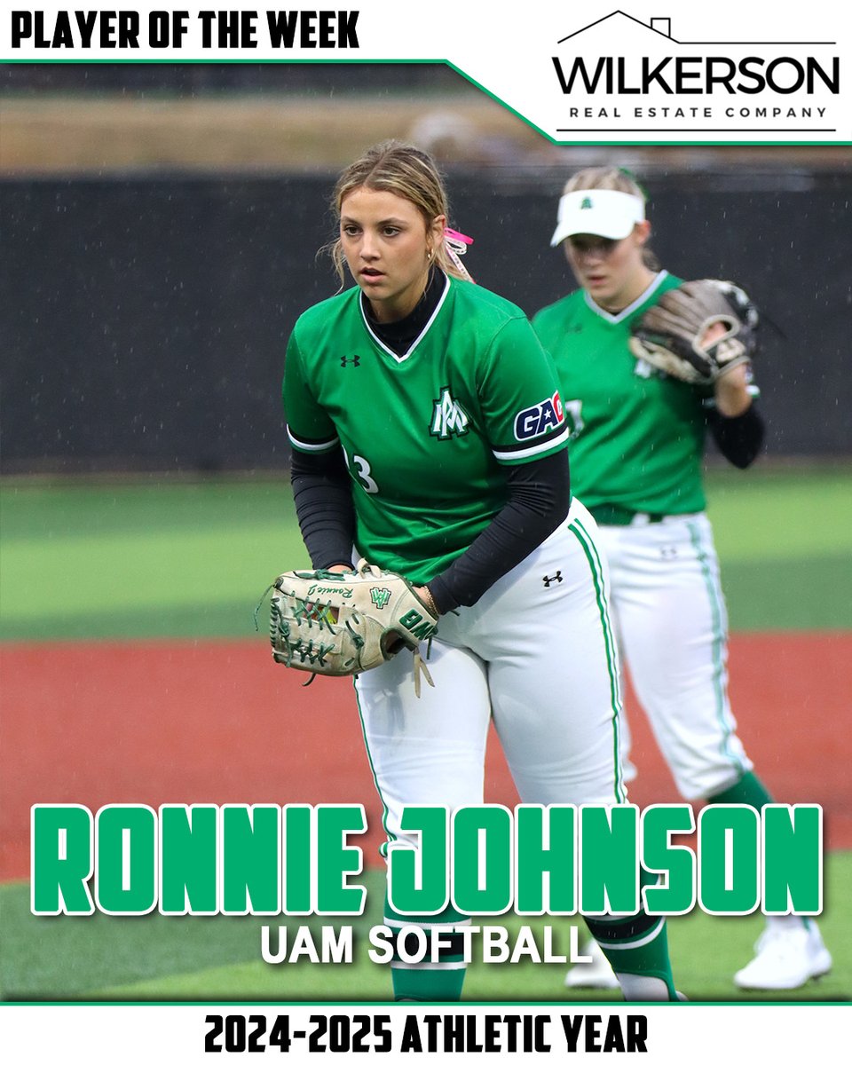 UAMsports's tweet photo. Congratulations to this week's Wilkerson Real Estate Company Player of the Week! 🙌

The selection goes to @UAM_Softball's Ronnie Johnson after her three performances on the mound in the opening weekend.

#BlossomNation https://t.co/Cz9whmWa73