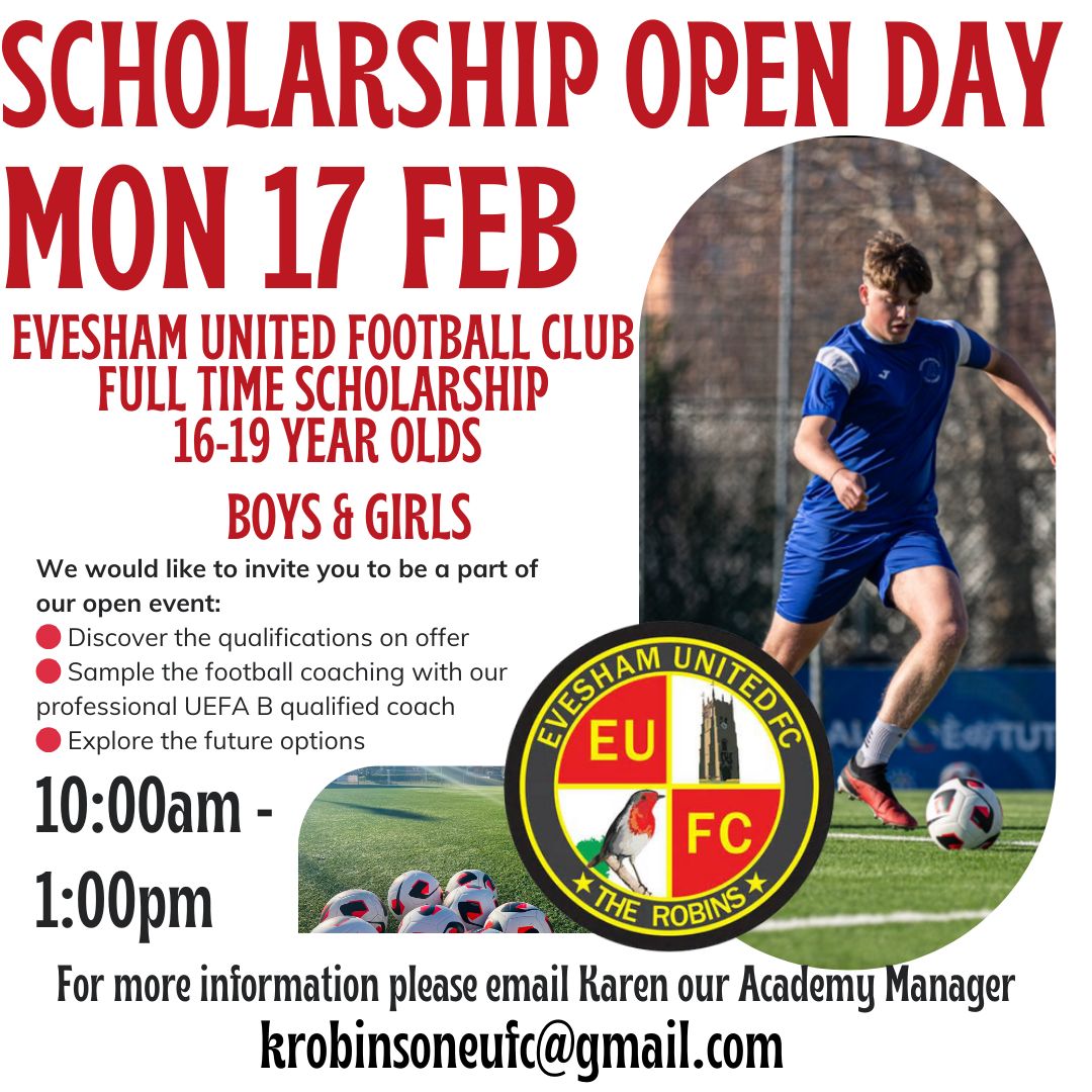EveshamUnitedFC's tweet photo. 🗣️ Scholarship Open Day

⚽️ 16-19 year olds Boys &amp; Girls

📆 Mon 17 Feb

🕝 10:00-13:00

📍The Spiers &amp; Hartwell Stadium, Cheltenham Road, WR11 2LZ

📩 k-robinsoneufc@gmail.com https://t.co/ocG0LDs8hS