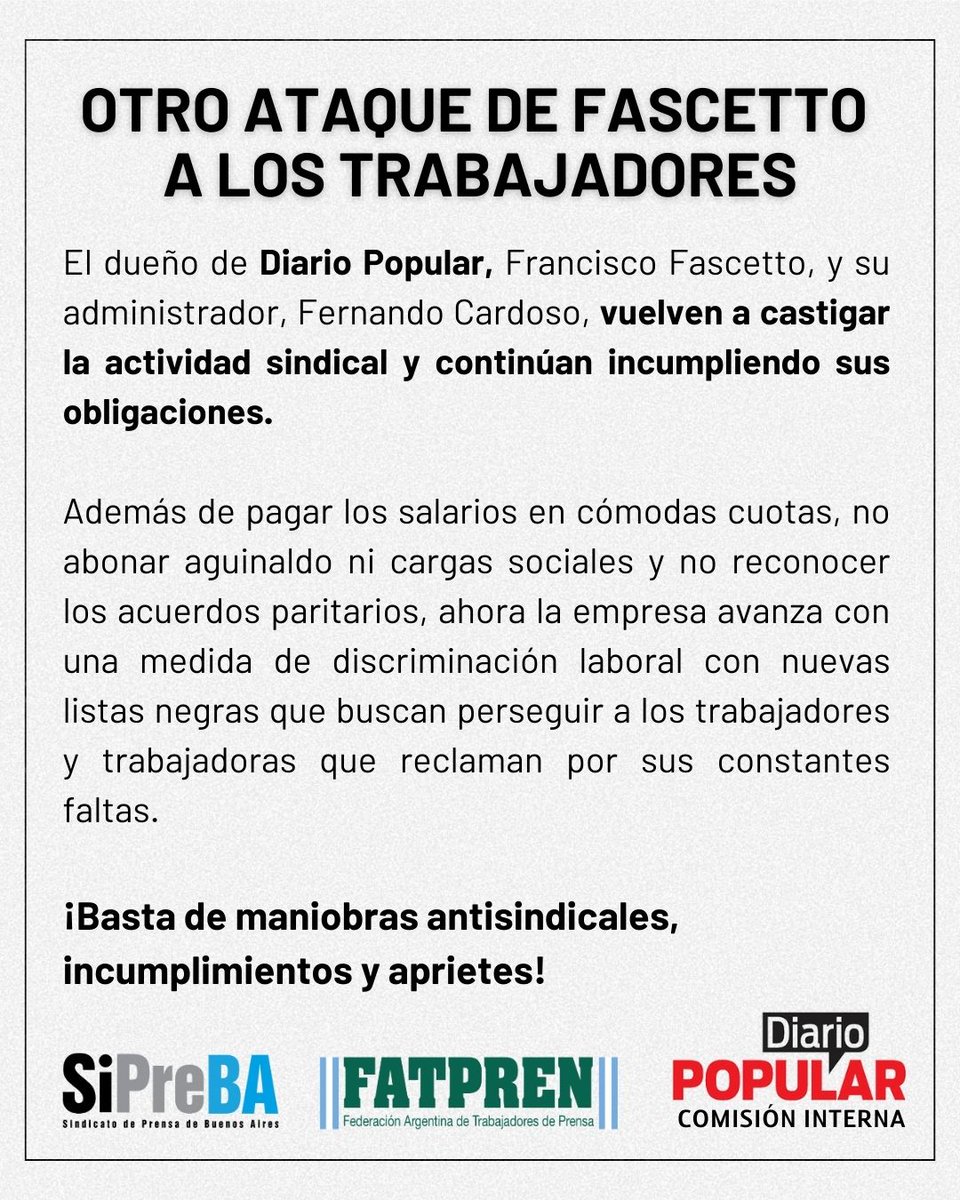 📣#PopularEnLucha📣

🚨Junto a <a href="/CGIPopular/">Trabajadores de Diario Popular</a> denunciamos la persecución gremial y exigimos que la empresa cumpla con sus obligaciones.

⚠¡Basta de amenazas!