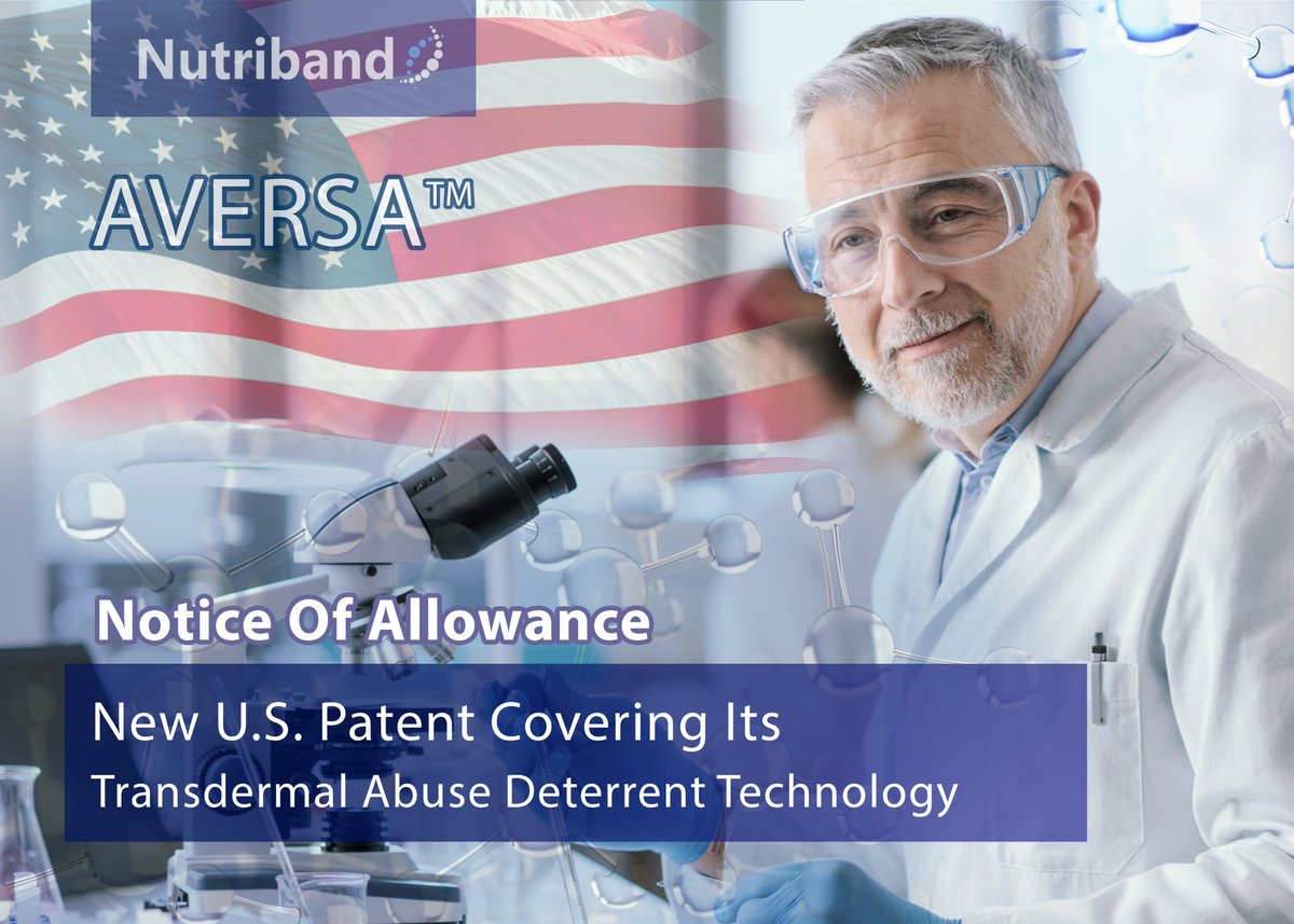 Nutriband Inc., a company engaged in the development of prescription transdermal pharmaceutical products, today announced that it received a Notice of Allowance from the United States Patent and Trademark Office (USPTO) on February 3, 2025 for patent application 18/369,241,