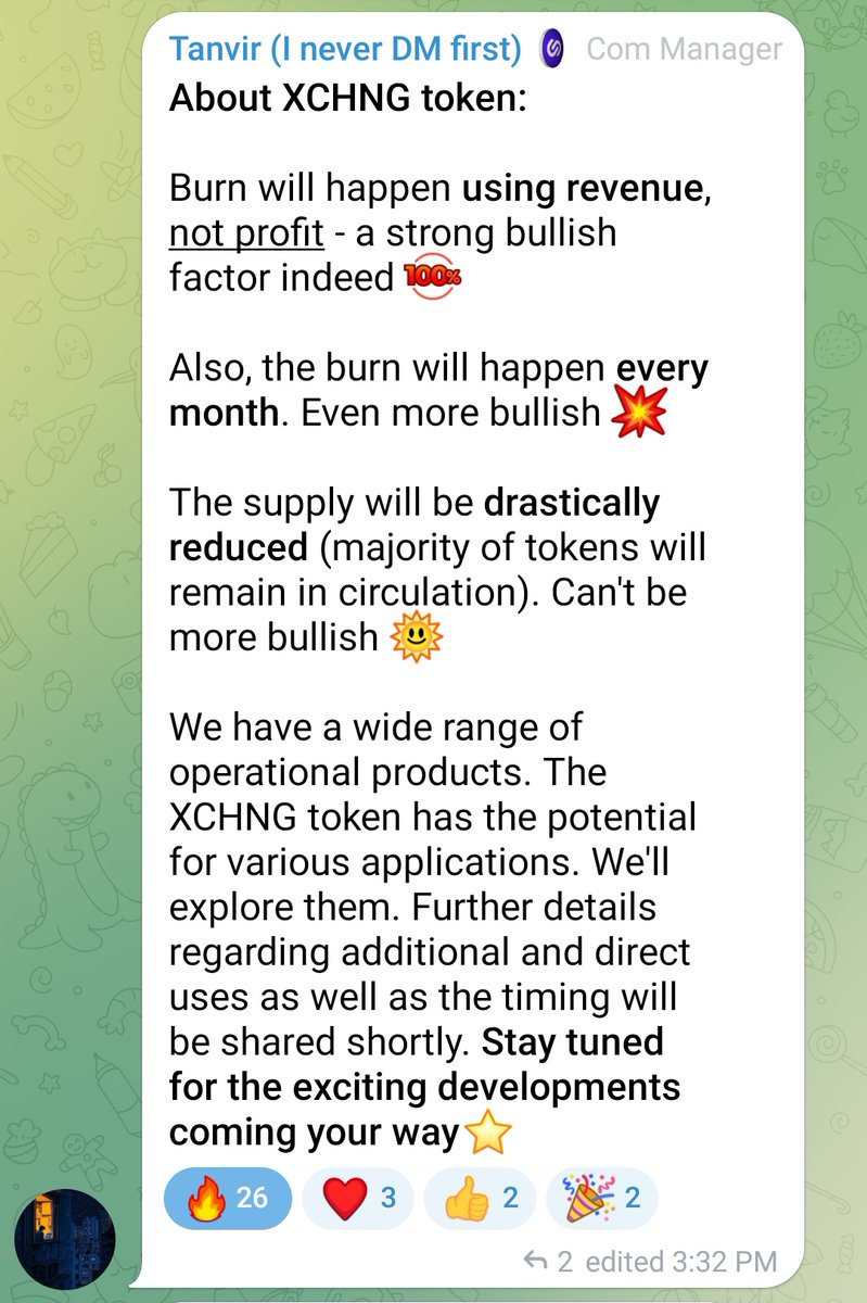 SayedTanvirAhm3's tweet photo. $XCHNG monthly burns using real-time revenue, reduced supply &amp; many more utilities to come - this is incredibly #bullish 🔥

The price is currently very low. Maybe it's time to get back in, my friend @CryptoMocro_? 🙃

Hope you’ve read the team’s letter: https://t.co/7XERI5gDy2 https://t.co/BEzsIQA5dR