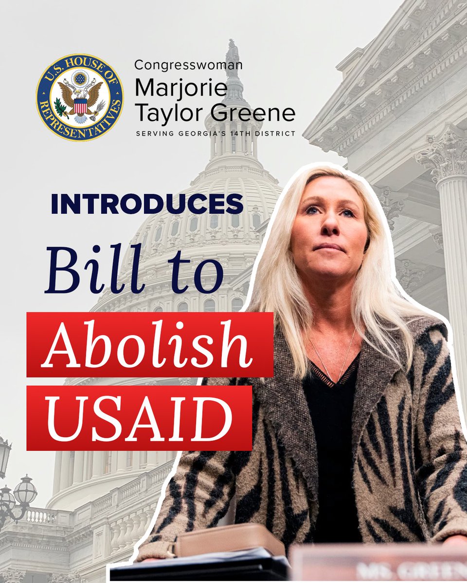 FmrRepMTG's tweet photo. 🚨 BILL DROP: ABOLISH USAID 🚨

USAID burns over $40 BILLION a year pushing the Democrat’s woke agenda at home &amp; abroad for regime change.

As Chairwoman of @DOGECommittee, I’m leading the War on Waste.

Time to AXE this America Last agency. 🪓 https://t.co/WFbFDzJ7Zh