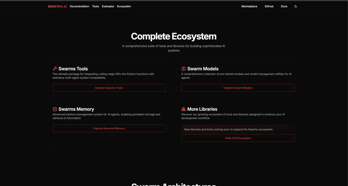 KyeGomezB's tweet photo. ⎆ swarms framework
⎆ swarms marketplace
⎆ swarms models
⎆ swarms drag n drop
⎆ swarms-tools
⎆ swarms-memory
⎆ swarms-cloud

We provide every layer of infrastructure people need to build, deploy, and orchestrate agents.

Everything.

The future of agent applications is with @swarms_corp ❤️