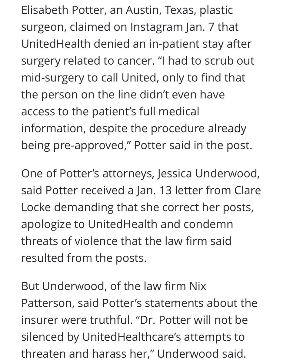 MorePerfectUS's tweet photo. UnitedHealth has hired a defamation law firm to counter negative social media posts about the company.

Their first target appears to a plastic surgeon who said that UnitedHealth denied one of her patient an in-patient stay after surgery.

https://t.co/5U7GQ6cjT3 https://t.co/Daf3qRPQhe