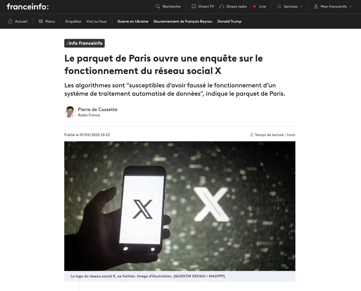 C’est à mes yeux à juste titre que le parquet de Paris soupçonne les algorithmes de X-Twitter de « fausser le fonctionnement automatisé d’un système de données». Voici un rapide #thread sur ce que l’on sait des principales manipulations algorithmiques mises en place par Elon Musk