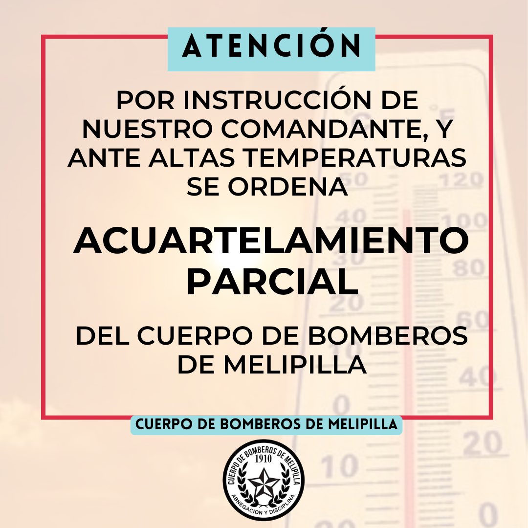 👨🏻‍🚒👩🏻‍🚒 ACUARTELAMIENTO PARCIAL 

Por evento de altas temperaturas pronosticado para este fin de semana, nuestro <a href="/Comandante1910/">Comandante Melipilla</a> ha ordenado un ACUARTELAMIENTO PARCIAL del @cbmelipilla1910. (1/2)