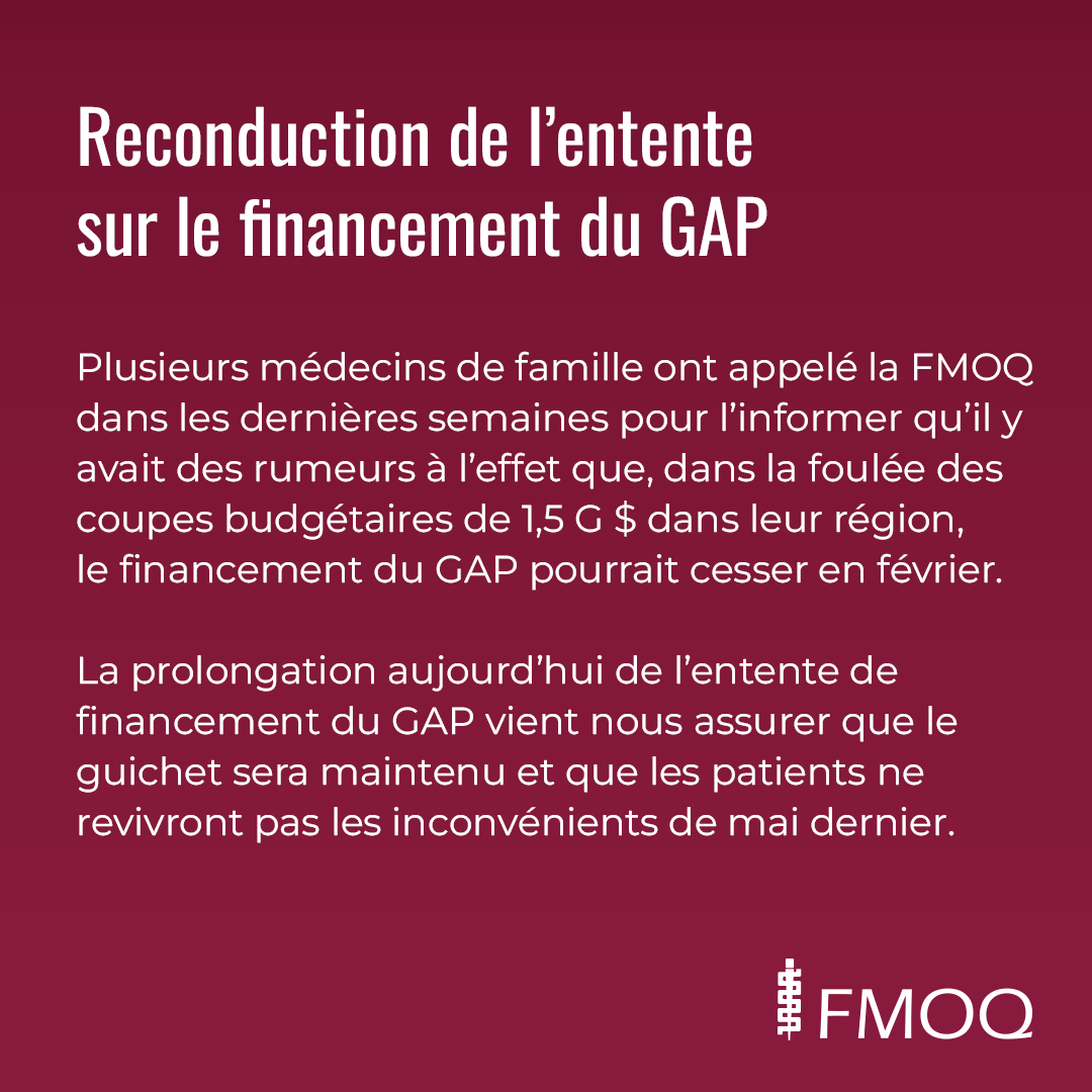 La FMOQ et le Secrétariat du Conseil du Trésor ont reconduit aujourd'hui l’entente sur le financement du Guichet d’accès à la première ligne (GAP).
 
Consultez le message du président de la Fédération à ce sujet 👇
bit.ly/4gC6f7s

#Santé #PremièreLigne