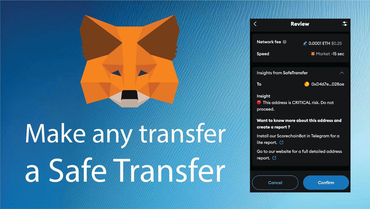 🚀 Safe transfers, unlocked!

Scorechain’s SafeTransfer Snap is now live on MetaMask Snaps! 🎉 Get real-time risk alerts before you hit send—so you can avoid scams &amp; shady wallets.

💡 Crypto security just got an upgrade. Start your weekend worry-free! 🔒

🔗 Try it now 👉