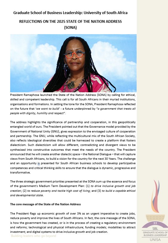 UnisaSBL's tweet photo. Professor Pumela Msweli, Executive Dean and CEO of the Unisa Graduate School of Business Leadership, reflects on the State of the Nation address delivered by President Cyril Ramaphosa.
#SONA2025
#InspiringLeadersWhoGoBeyondBoundaries
#60YearsOfExcellence https://t.co/CApQfOchTW