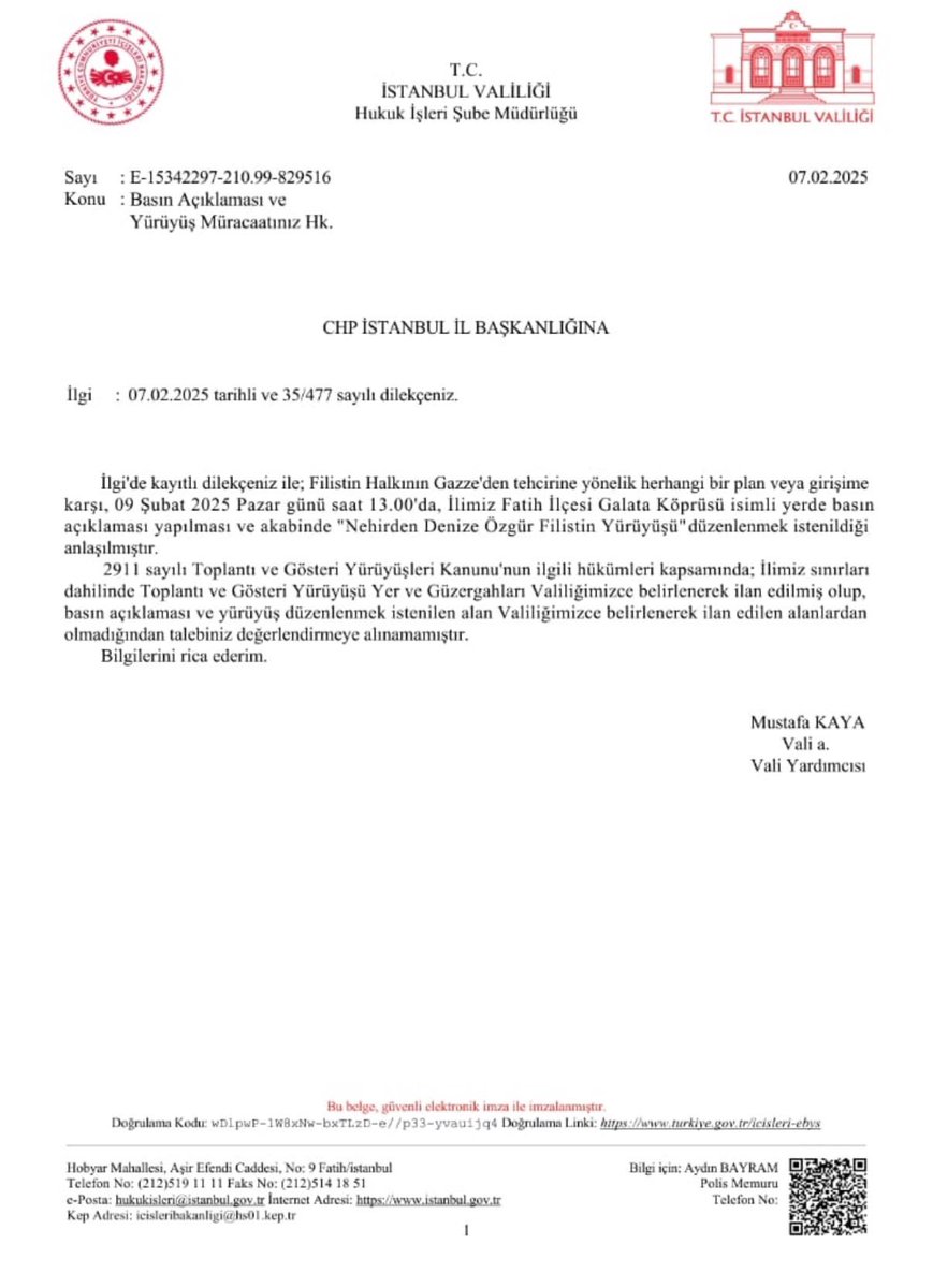 SON DAKİKA | CHP'nin Trump'ın Filistin halkını Gazze'den tehcir etme girişimine karşı Galata Köprüsü'nde yürüyüş yapma talebi İstanbul Valiliği tarafından reddedildi.