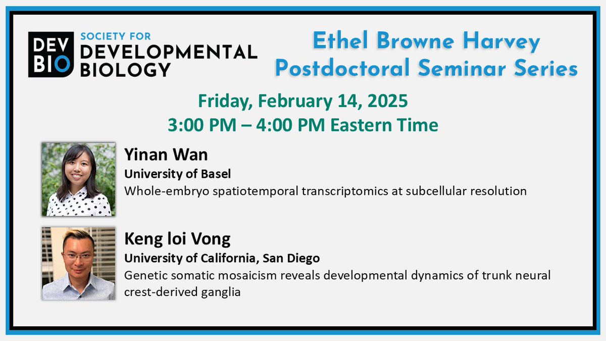 The next Ethel Browne Harvey Postdoc Seminar will be held Friday, February 14 at 3 pm Eastern Time featuring Yinan Wan <a href="/yinan_wan/">Yinan Wan</a> from @Biozentrum and Keng loi Vong from <a href="/UCSanDiego/">UC San Diego</a>. Register today and join us. bit.ly/3zXSHE3 #SDBPostdocSeminar