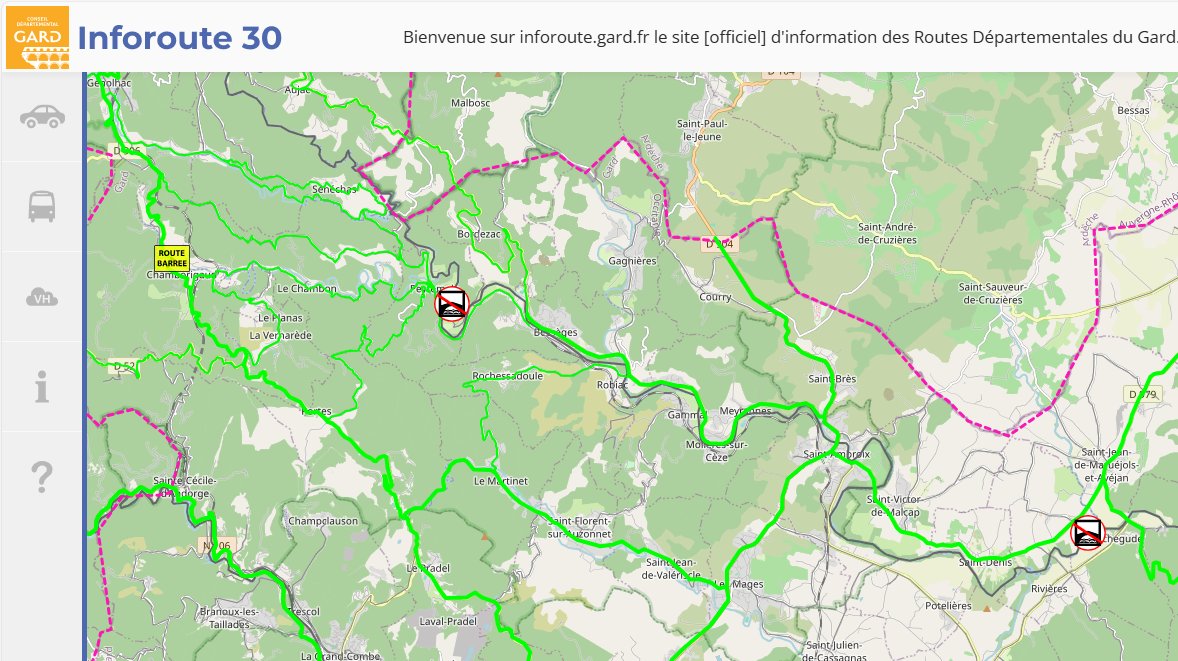 #Gard #Inondations #PluieInondation #Pluie #Cevennes #Ponts 
Vend 07/02 17h:
- RD906 pont de Chamborigaud FERME ce soir à 21h  
- 2 #PontsSubmersibles fermés  sur routes secondaires: RD187C Rochegude et RD386  Peyremale
Suivre inforoute.gard.fr
