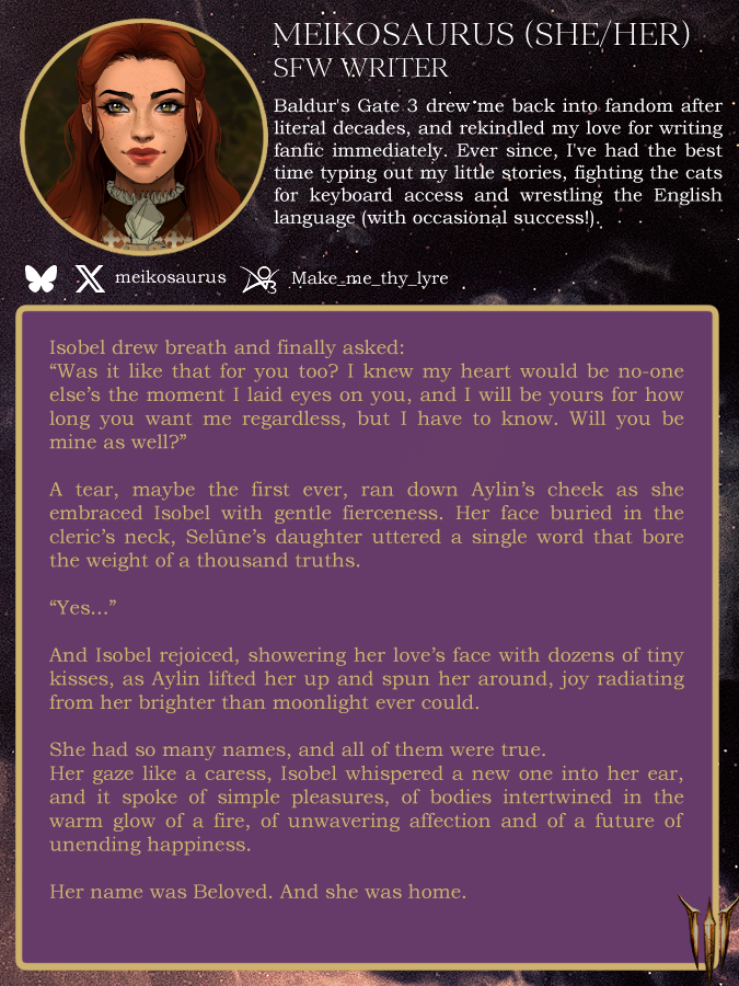 lastlightinn.bsky.social (@lastlightinn) on Twitter photo 💜Echoes of Devotion - Contributor Spotlight💜
We're so happy to be working with <a href="/meikosaurus/">Mike O'Saurus 🏳️🌈</a> for this project as one of our SFW writers!
#bg3 💜Echoes of Devotion - Contributor Spotlight💜
We're so happy to be working with <a href="/meikosaurus/">Mike O'Saurus 🏳️🌈</a> for this project as one of our SFW writers!
#bg3