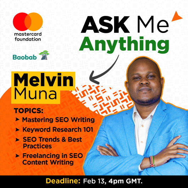 I am hosting an #AskMeAnything session on SEO Content Writing. 

Use the link below to ask questions on the topics on the poster or any other related to SEO content writing:

Link: baobabplatform.org/ask_me_anythin…

#AMA #SEOContentWriting