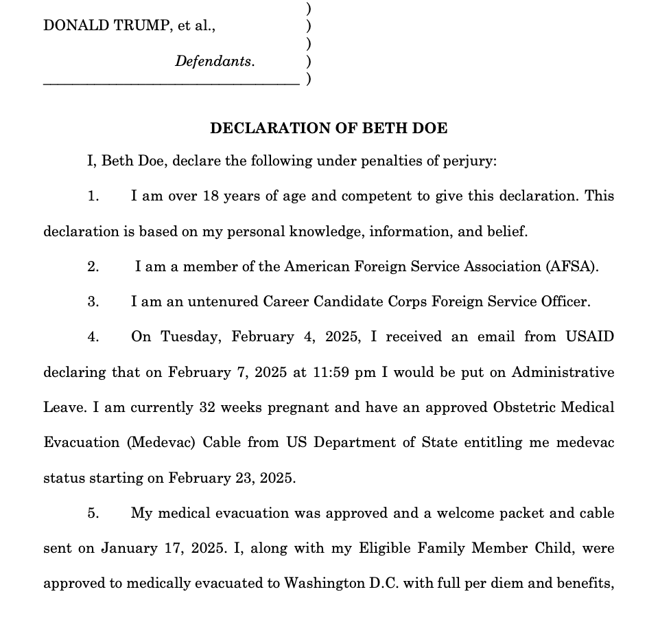 kyledcheney's tweet photo. Pregnant USAID official files affidavit in lawsuit describing disruption of medical care as a result of agency's dismantling. https://t.co/TmlRIB2BTu https://t.co/ytDNP74GHk