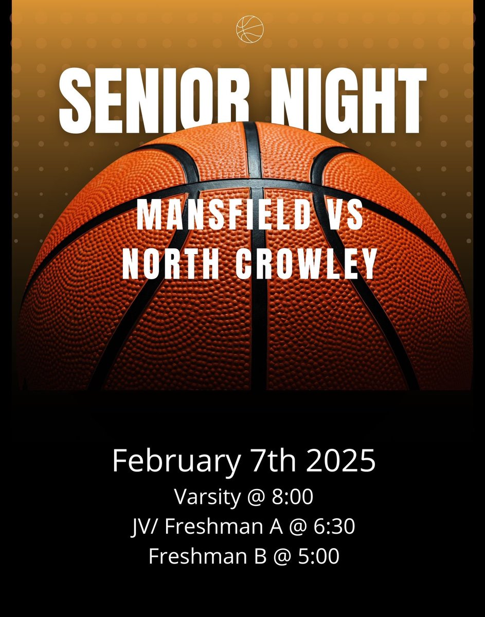 Mansfield Basketball (@mansfieldhoops) on Twitter photo Come celebrate Senior Night tonight as the Tigers host the North Crowley Panthers! Senior night festivities will be at the conclusion of the JV game.
Var: 8:00
JV: 6:30
9A: 6:30
9B: 5:00
<a href="/SportsDayHS/">SportsDayHS</a> <a href="/dfwvarsity/">dfw varsity</a> <a href="/MISDathletics/">MISD Athletics Dept.</a> <a href="/hoopinsider/">Hoopinsider</a> Come celebrate Senior Night tonight as the Tigers host the North Crowley Panthers! Senior night festivities will be at the conclusion of the JV game.
Var: 8:00
JV: 6:30
9A: 6:30
9B: 5:00
<a href="/SportsDayHS/">SportsDayHS</a> <a href="/dfwvarsity/">dfw varsity</a> <a href="/MISDathletics/">MISD Athletics Dept.</a> <a href="/hoopinsider/">Hoopinsider</a>