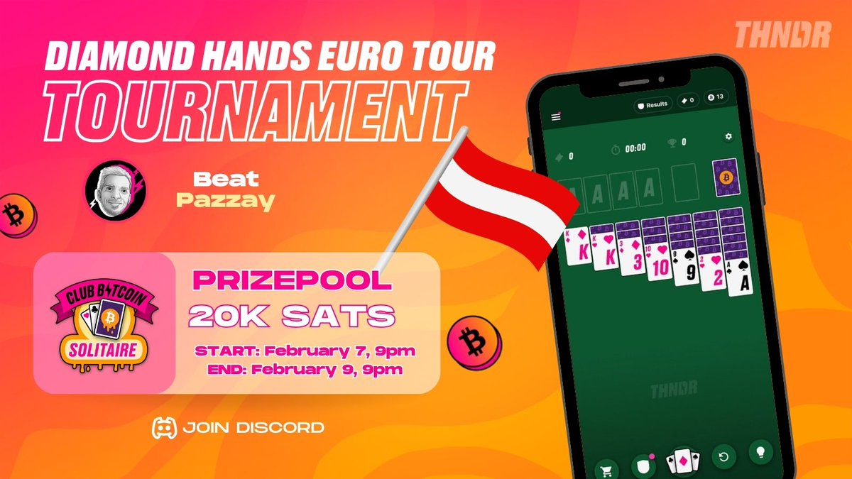 THNDRGAMES's tweet photo. We are touring Europe with THNDR tournaments 🥳

This week we are in Austria 🇦🇹

Try and beat @pazzay1 in this Diamond Hands tournament 🔥

❤ ♣ Show him your skills on Club Bitcoin Solitaire!

Check the link in the thread 🧵 below 👇 https://t.co/wzYnDvYgoV