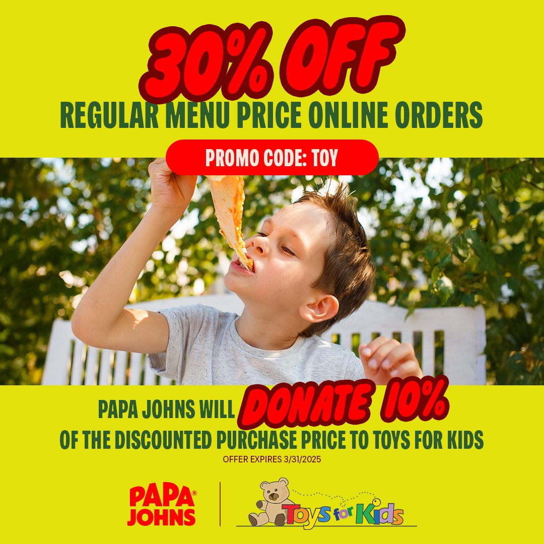 SEAPapaJohns's tweet image. Order online today and enjoy 30% off regular menu prices. We'll donate 10% of your purchase to Toys for Kids! 📲🍕

🧸 Use promo code 𝐓𝐎𝐘 at checkout

@tfkseattle #ToysForKids #PapaJohnsPugetSound