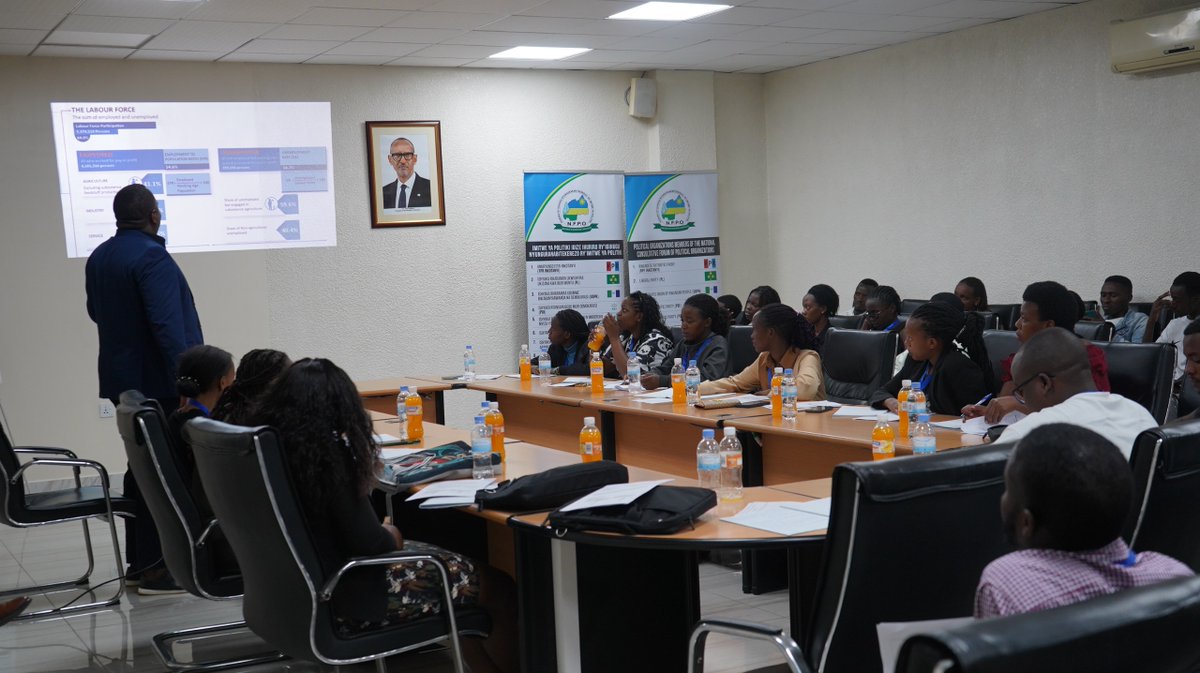 NFPO_Rwanda's tweet photo. This evening 7/2/25,Youths Cadres from all registered P. Parties from the #CoK are following a presentation on “Job creation and Made in Rwanda Policy”. Thanks to Alphonse #MINICOM,who is explaining how #Rwanda has set ambitious goals in NST2 which hinge on industrialization. https://t.co/P34orQdluR