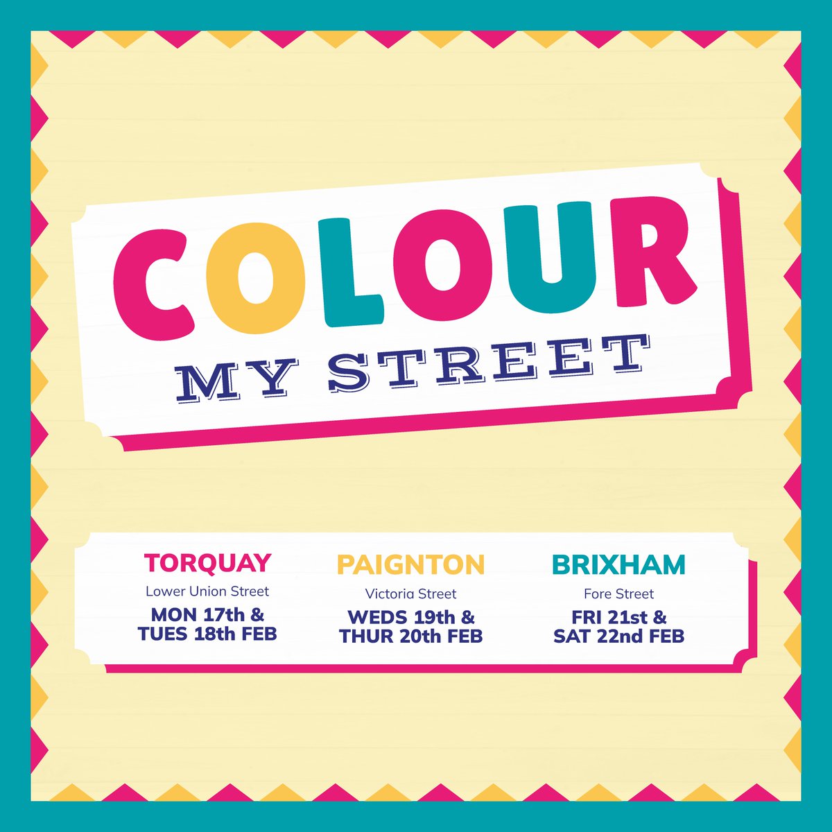 This February half term, Colour My Street will be coming to the highstreets of Torquay, Paignton and Brixham with a FREE programme of family fun including circus skills, street games, art activities, street performers, storytelling &amp; music workshops. 

toniccreatives.co.uk/our-work/colou…