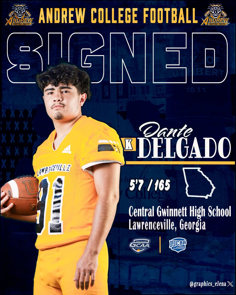 Andrew College Fighting Tigers Football (@tigersandrew) on Twitter photo Welcome, Dante Delgado to the Fighting Tigers Family!
✅Signed <a href="/delgadodante13/">Dante Delgado</a>
📍<a href="/BlackKnight_FB/">Central Gwinnett FB</a> ➡️Tigers Den Welcome, Dante Delgado to the Fighting Tigers Family!
✅Signed <a href="/delgadodante13/">Dante Delgado</a>
📍<a href="/BlackKnight_FB/">Central Gwinnett FB</a> ➡️Tigers Den