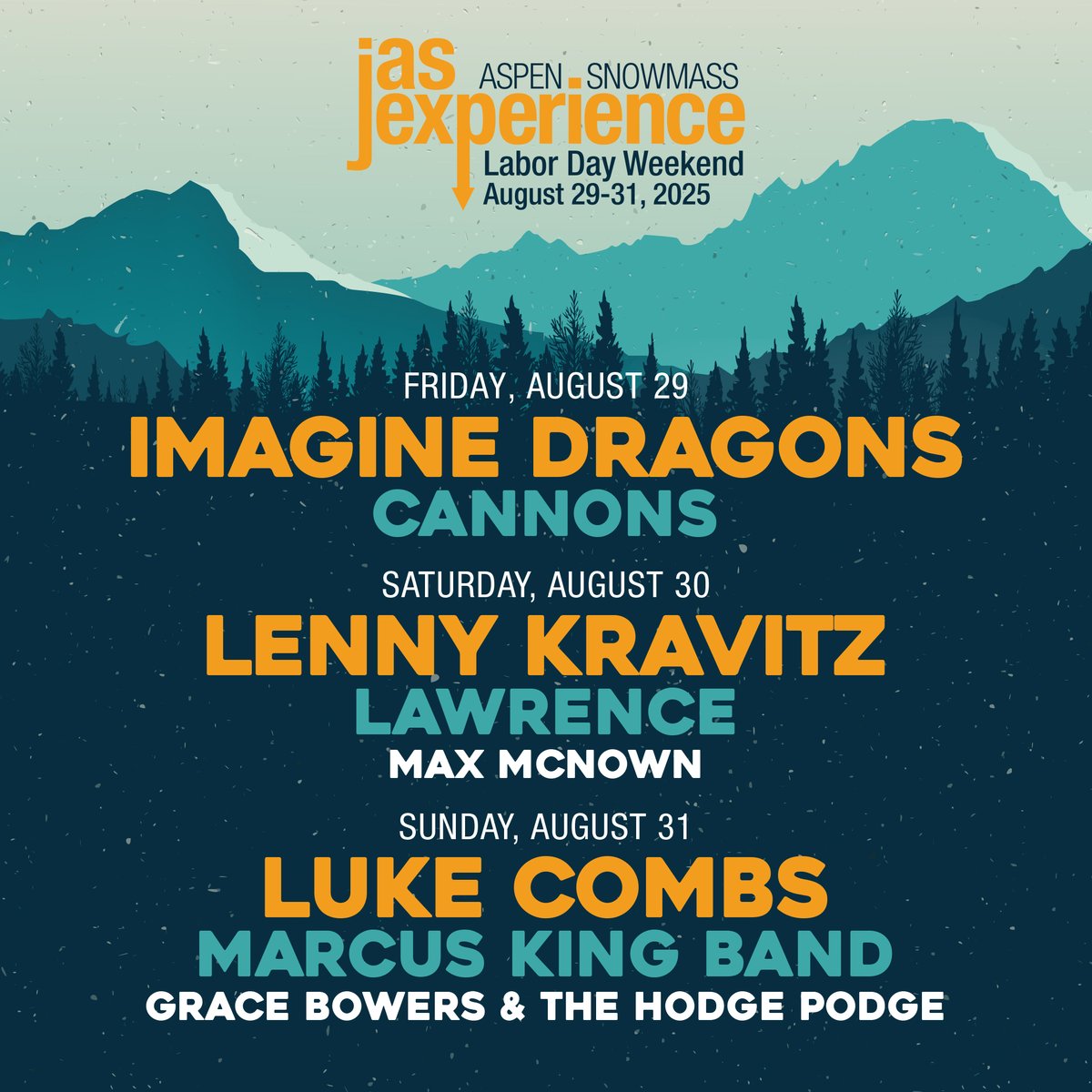 Jazz Aspen Snowmass (@jazzaspen) on Twitter photo JUST ANNOUNCED - JAS Labor Day line-up is here. Grab your tickets now for <a href="/Imaginedragons/">Imagine Dragons</a> <a href="/LennyKravitz/">Lenny Kravitz</a> <a href="/lukecombs/">Luke Combs 🎤</a> & more! JUST ANNOUNCED - JAS Labor Day line-up is here. Grab your tickets now for <a href="/Imaginedragons/">Imagine Dragons</a> <a href="/LennyKravitz/">Lenny Kravitz</a> <a href="/lukecombs/">Luke Combs 🎤</a> & more!