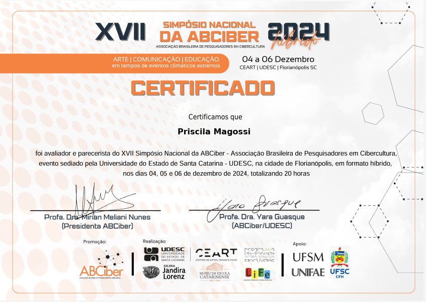PriscilaMagossi's tweet photo. Participação como (i) integrante da Comissão Organizadora, (ii) Avaliadora e Parecerista dos trabalhos, (iii) Mediadora de Mesa de Conferência, e (iv) Mediadora de Painel Temático do XVII Simpósio Nacional da @ABCiber (Associação Brasileira de Pesquisadores em Cibercultura). https://t.co/9C9qHOSfSP