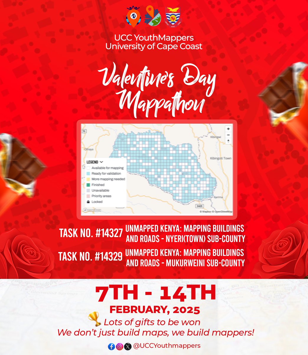 YouthmappersUCC's tweet image. 💫📍🌍📍🌍📍🌍📍🌍📍💫
Celebrate Valentine’s Day with a Purpose! ❤️
Join the UCC YouthMappers at the University of Cape Coast for the ValsDay Mapathon.
Be part and stand a chance to win amazing prizes!🎁
#*ValsDayMappathon❤️
#WeDon’tJustBuildMapsBuildMappers*_😮💨🗺️