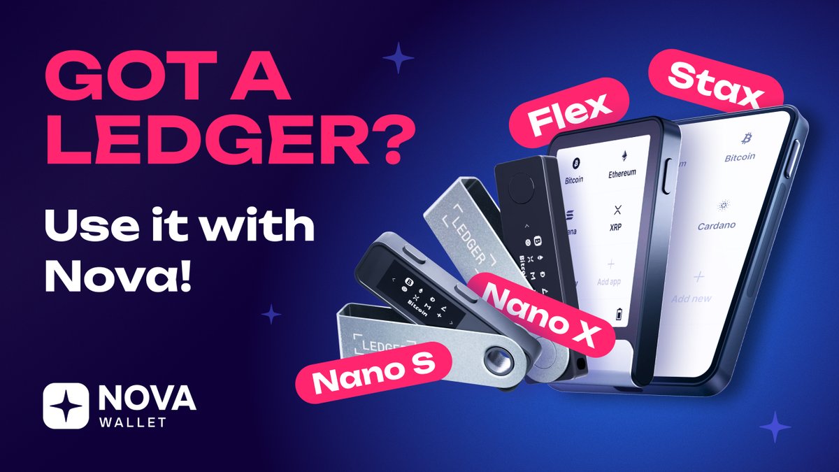 NovaWalletApp's tweet image. 🛡️ Got a Ledger? You can use it with Nova.

Nova Wallet supports Ledger Nano X/S, Stax &amp;amp; Flex!

Manage your assets securely with the most popular hardware wallets + the best Polkadot wallet 💜

🔗 novawallet.io