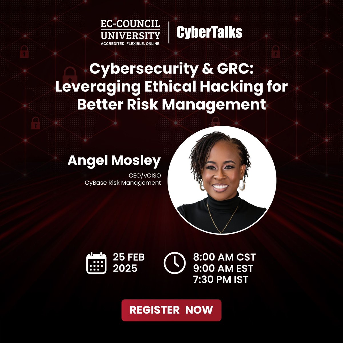 ECCOUNCIL's tweet image. Join Angel Mosley on February 25 to learn how ethical hacking can strengthen GRC frameworks and mitigate cyber risks. Register now: buff.ly/4gomchA

#ECCouncilUniversity #ECCU #CyberRiskManagement #EthicalHacking #GRC #PenTesting #Cybersecurity #Webinar