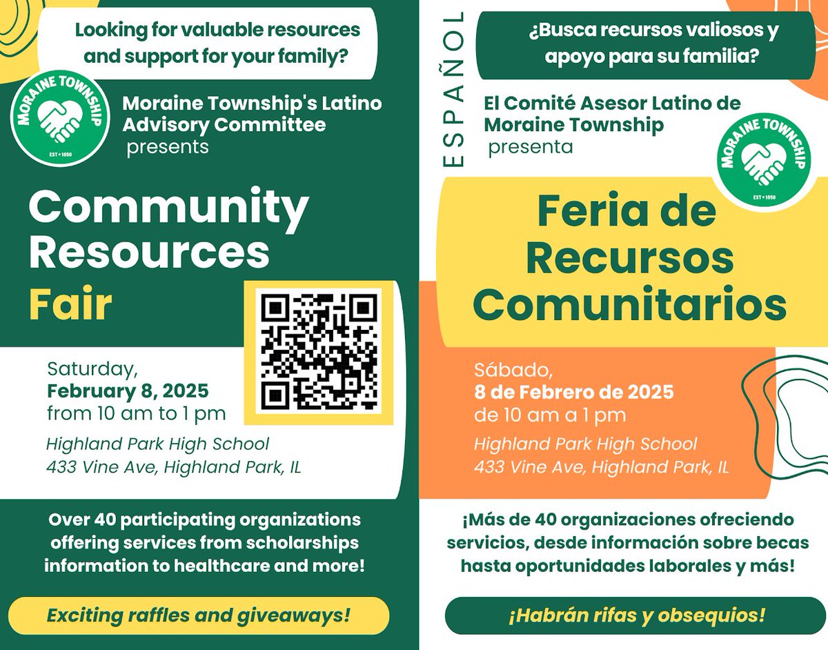 Visit the 2nd Annual Resource Fair put on by Moraine Township's Latino Advisory Committee this Saturday, Feb 8, 10 AM–1 PM at Highland Park High School! 40+ organizations will offer resources like healthcare, jobs, legal aid, and more. Learn more: bit.ly/4hQ70em
