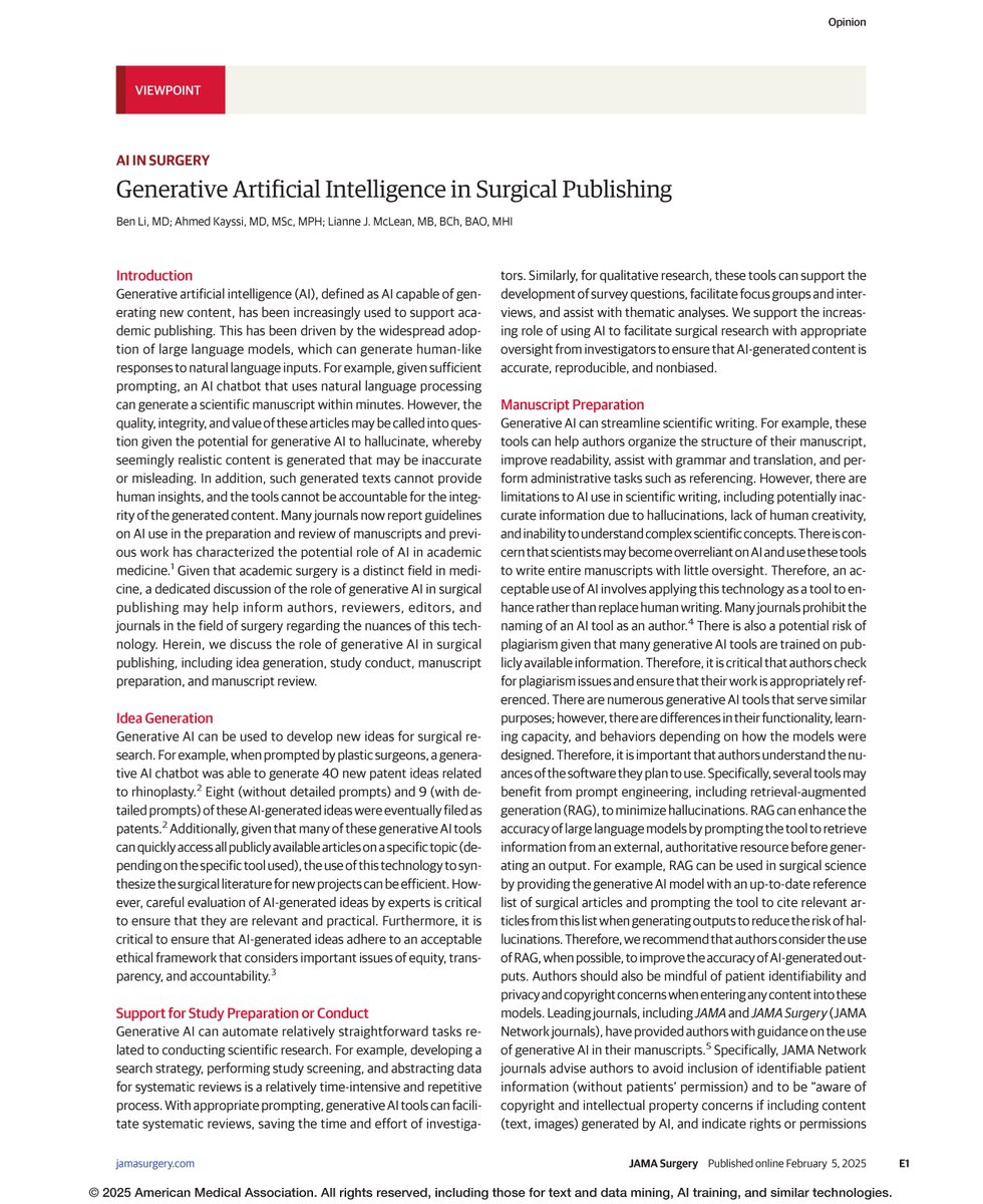 Viewpoint discusses considerations for the transparent, safe, and ethical use of generative artificial intelligence (#AI) in surgical publishing. ja.ma/3Esld2u
